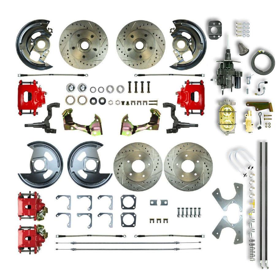The Right Stuff 1967 GM F-Body Non-Staggered 4 Wheel Hydraulic Brake Assist Disc Conversion Red Calipers - (AFXHB42CZ)