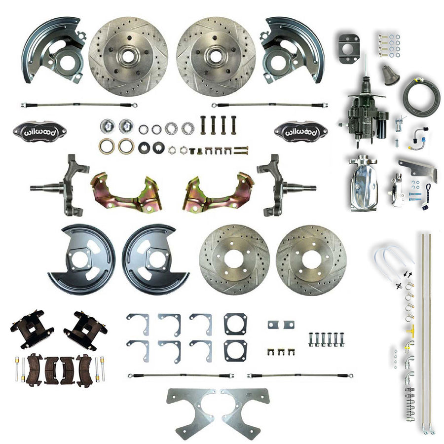 The Right Stuff 64-72 GM A-Body Chrome Hydraulic Brake Assist 2" Drop 4-Wheel Disc Kit Blk Wilwood Calipers - (AFXHB21DSX)