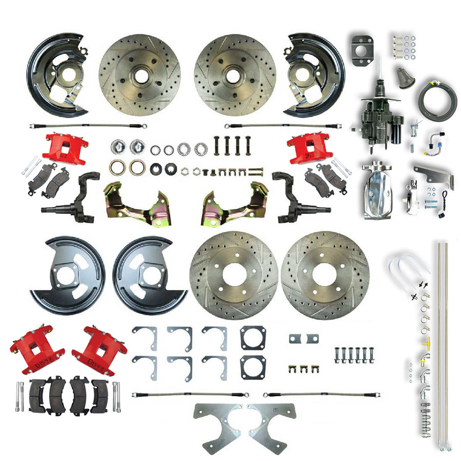 The Right Stuff 67-69 GM F-Body Non-Staggered 4 Wheel Chrome Hydraulic Brake Assist Disc Conv Red Calipers - (AFXHB22CZX)