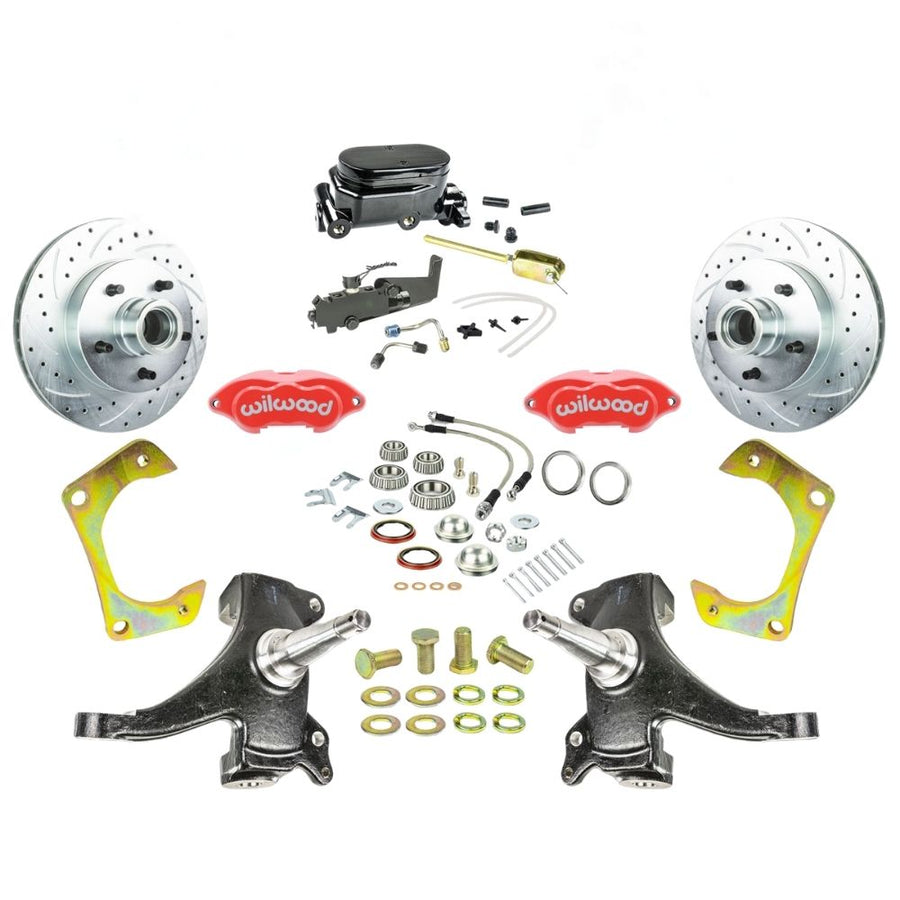 The Right Stuff 1963-70 Chevy/GMC Truck/Suburban, 2" Drop Manual Front Disc Brake Kit with Red Wilwood Calipers, Drilled and Slotted Rotors, Braided Stainless Hoses, and Black Booster Master Assembly, 5 Lug - (TSD6315DZYP)