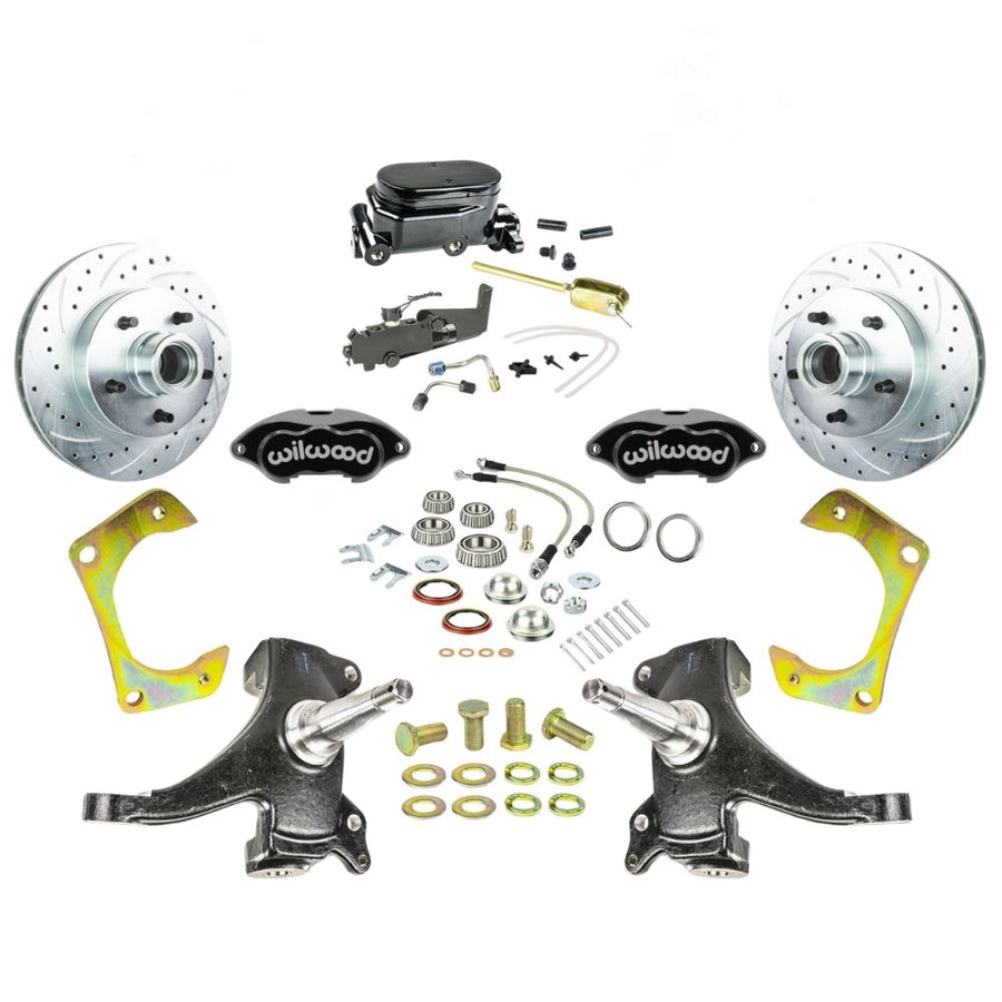 The Right Stuff 1963-70 Chevy/GMC Truck/Suburban, 2" Drop Manual Front Disc Brake Kit with Black Wilwood Calipers, Drilled and Slotted Rotors, Braided Stainless Hoses, and Black Upper, 5 Lug - (TSD6315DBYP)