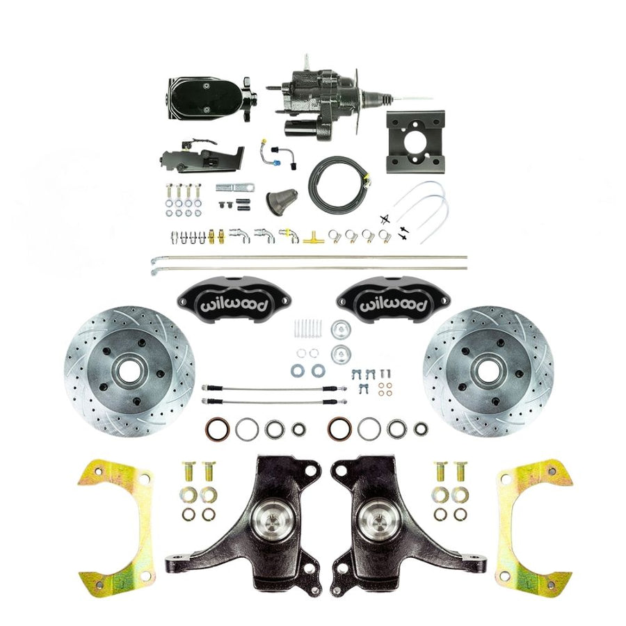 The Right Stuff 1963-66 GM Truck/Sub, Performance Series 2" Drop Black Hydraulic Brake Assist Front Disc Brake Kit, Black Wilwood Calipers, Drilled and Slotted Rotors, Stainless Hoses, Black Upper Assembly - (THB6325DBYP)