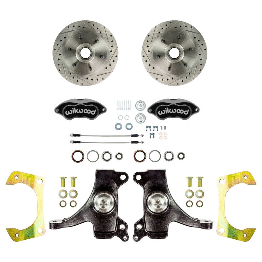 The Right Stuff 1960-62 GM/Chevy Truck/Sub, 2WD, 2" Drop Performance Series At The Wheel Disc Brake Black Wilwood Calipers, Drilled and Slotted Rotors, and Braided Stainless Hoses 6x5.5 - (TWK6016DBP)