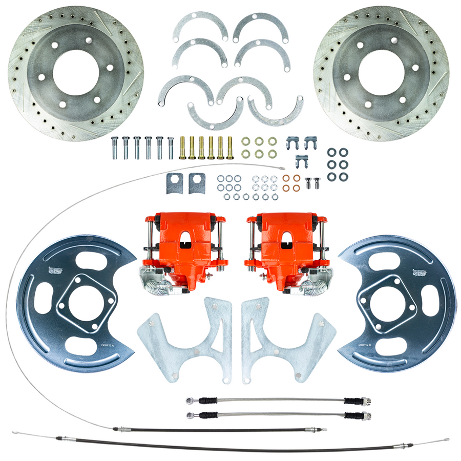 The Right Stuff 1963-1972 Chevy/GMC Truck Rear Disc Brake Conversion Kit, with Red Calipers, Drilled and Slotted Rotors, Backing Plates and E-brake Cables, 6 Lug - (TRD4746Z)