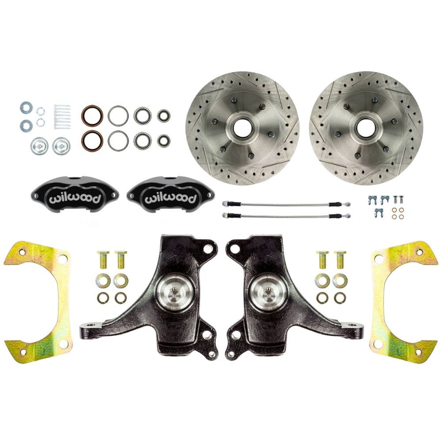 The Right Stuff 1963-70 GM/Chevy Truck/Suburban, 2WD, 2" Drop Performance Series At The Wheel Disc Brake Kit, 6 Lug; Black Calipers, Drilled and Slotted Rotors, and Braided Stainless Hoses - (TWK6316DBP)