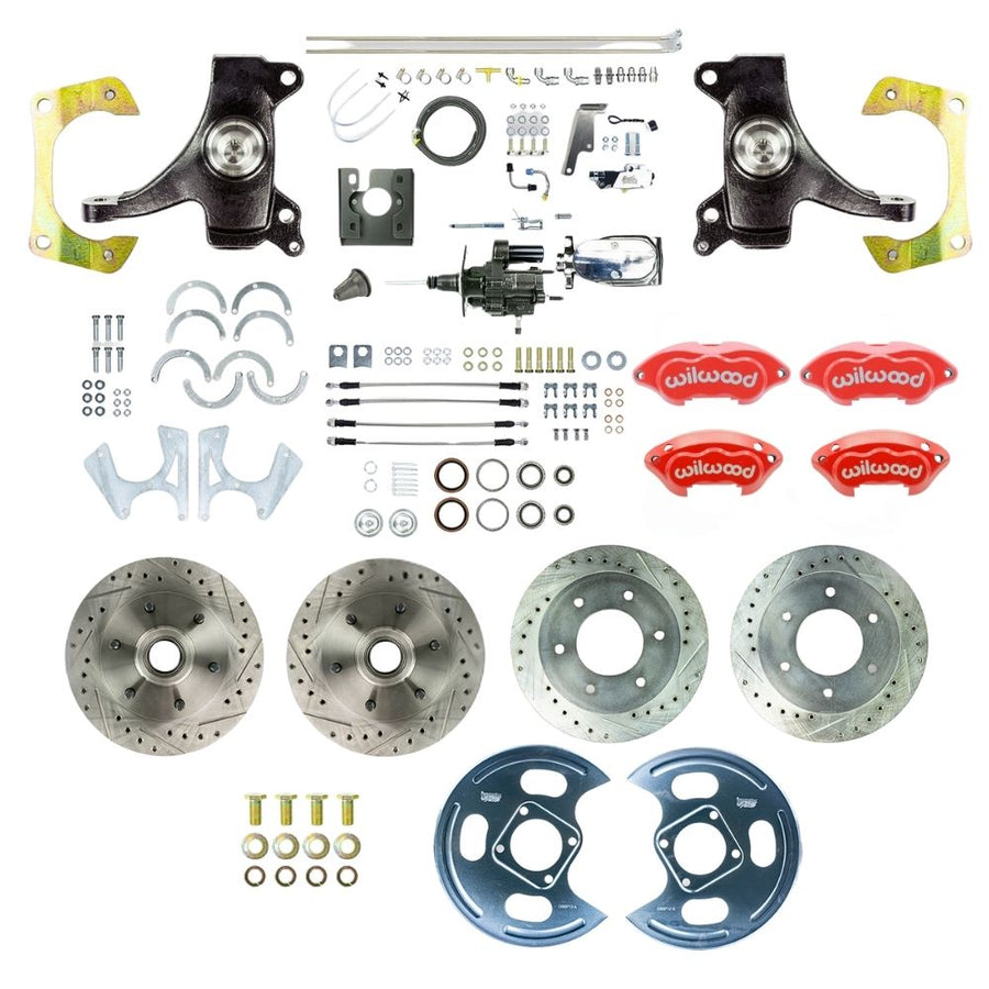 The Right Stuff 1967-70 GM/Chevy C10/15 Truck/Sub 2" Drop, Performance Series Hydraulic Brake Assist 4-Wheel Disc Kit Red Wilwood Calipers, Drilled and Slotted Rotors, Stainless Hoses, Chrome Upper Assembly - (THB6756DZXP)