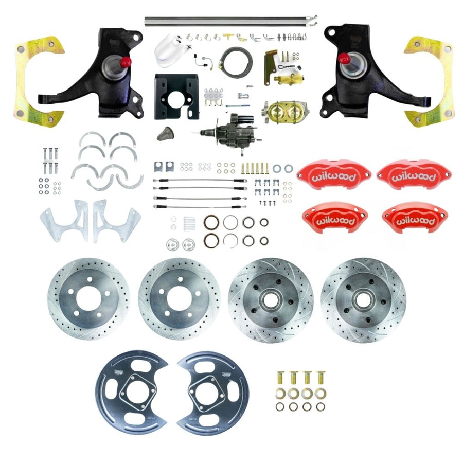 The Right Stuff 1971-72 C10/15 Truck/Suburban 2" Drop Hydraulic Brake Assist 4-Wheel Disc Brake Kit with Red Wilwood Calipers, Drilled and Slotted Rotors, and Braided Stainless Hoses - (THB7155DZP)