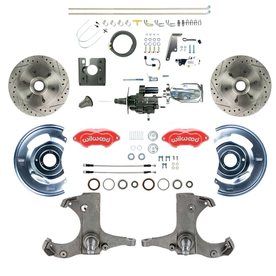 The Right Stuff 1967-70 Chevy C10/15 Truck/Suburban, Performance Series Hydraulic Brake Assist Front Disc Kit, Red Wilwood Calipers, Drilled and Slotted Rotors, Braided Stainless Hoses, Chrome Upper Assembly - (THB6726ZXP)
