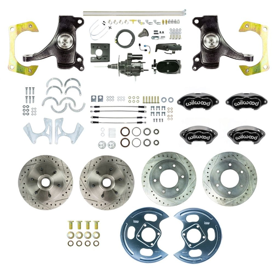 The Right Stuff 1967-70 GM/Chevy C10/C15 Truck/Sub 2" Drop Performance Series Hydraulic Brake Assist 4-Wheel Disc Kit Black Wilwood Calipers, Drilled and Slotted Rotors, Stainless Hoses, Black Upper Assembly - (THB6756DBYP)