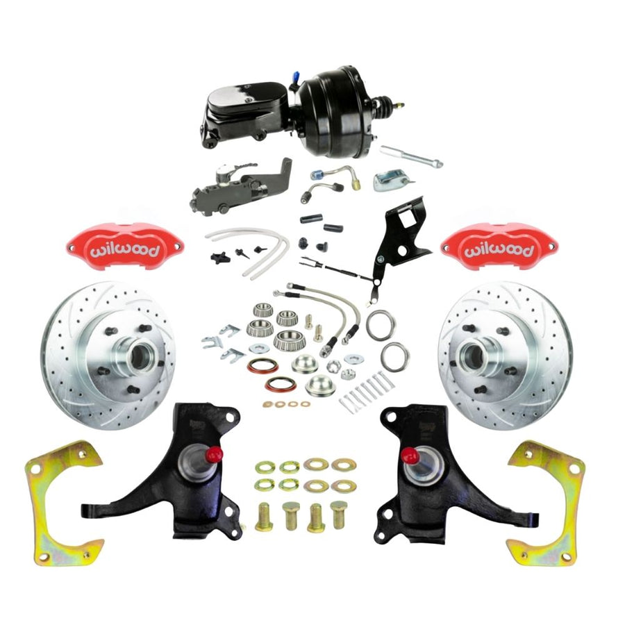 The Right Stuff 1971-72 GM C10/15 Truck/Suburban, 2" Drop Performance Series Power Front Disc Brake Kit with Red Wilwood Calipers, Drilled and Slotted Rotors, Braided Stainless Hoses and Black Booster Master Assembly - (TDC7125DZYP)