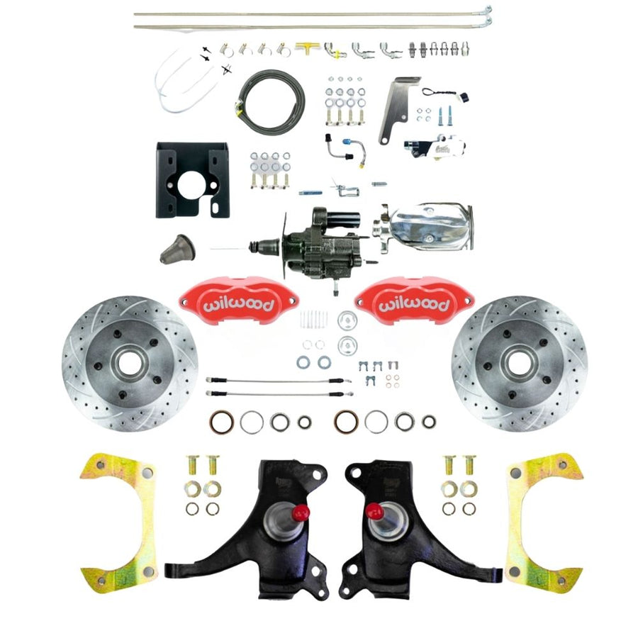 The Right Stuff 1971-72 GM C10/C15 Truck/Suburban, 2" Drop Performance Series, Chrome Hydraulic Brake Assist Disc Brake Kit, Red Wilwood Calipers, Drilled and Slotted Rotors, Stainless Hoses and Chrome Upper Assembly - (THB7125DZXP)