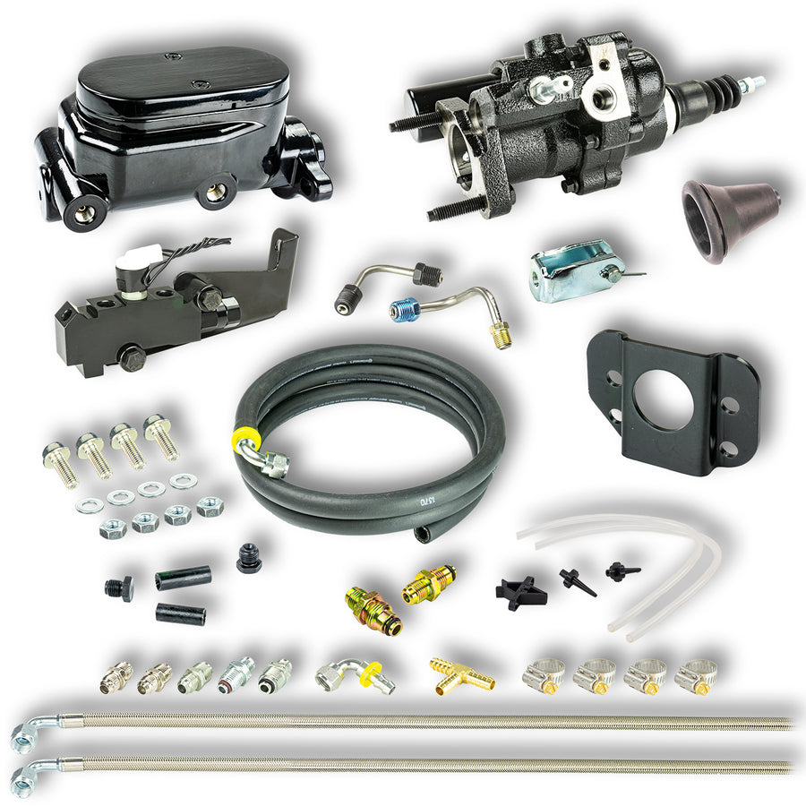 The Right Stuff 1967-74 GM A/F/X-Body Complete Black Hydraulic Brake Assist Upper with Hydraulic Brake Unit, Master Cylinder and Proportioning Valve Combination Kit for Disc/Disc - (BHB015672)