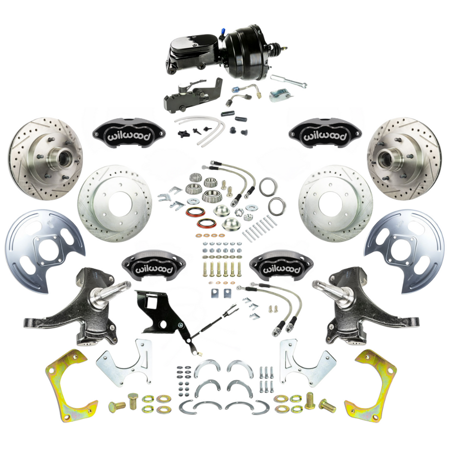 The Right Stuff 1967-70 GM/Chevy C10/C15 Truck/Sub 2" Drop, Performance Series Power 4-Wheel Disc Kit Black Wilwood Calipers, Drilled and Slotted Rotors, Braided Stainless Hoses, Black Booster Master Assembly 6x5.5 - (TDC6756DBYP)