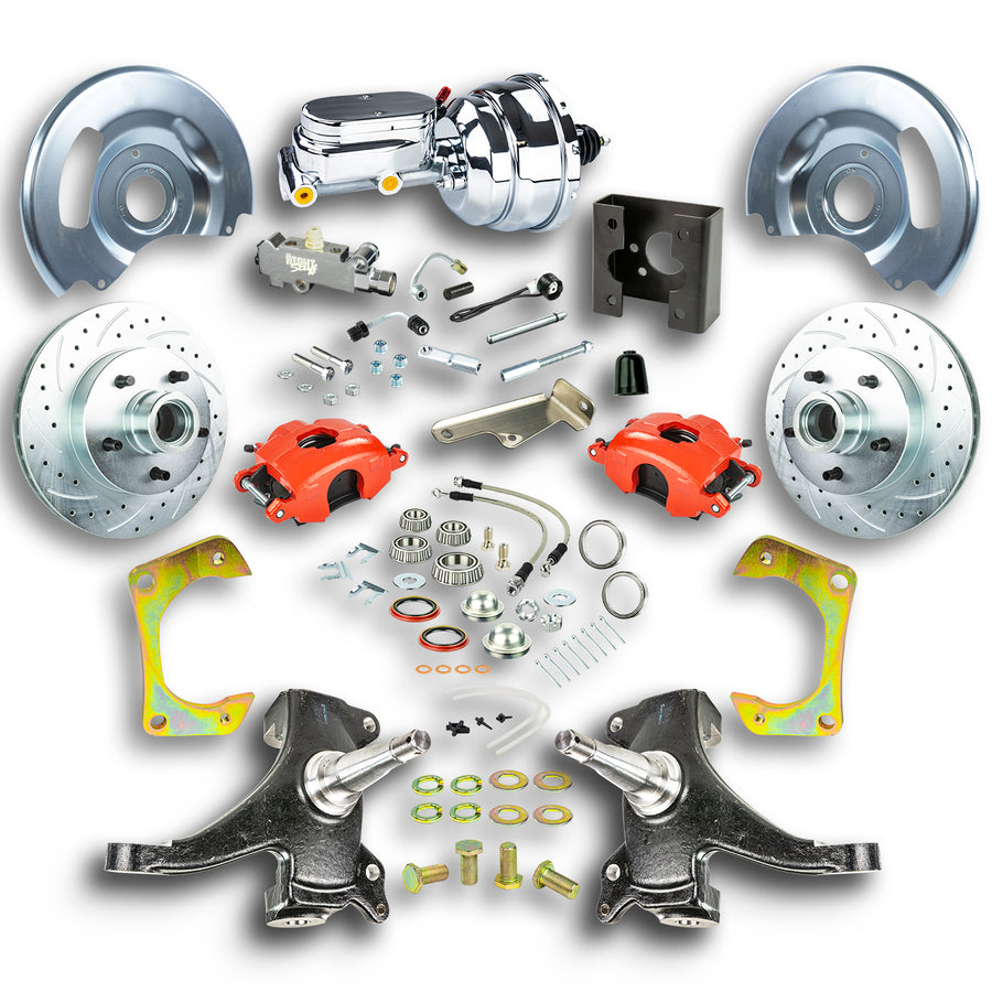 The Right Stuff 63-66 Chevy/GMC Truck/Sub 2" Drop Pwr Disc kit Red Calipers Chrome Upper 5x5 Bolt Pattern - (TDC6325DZX)