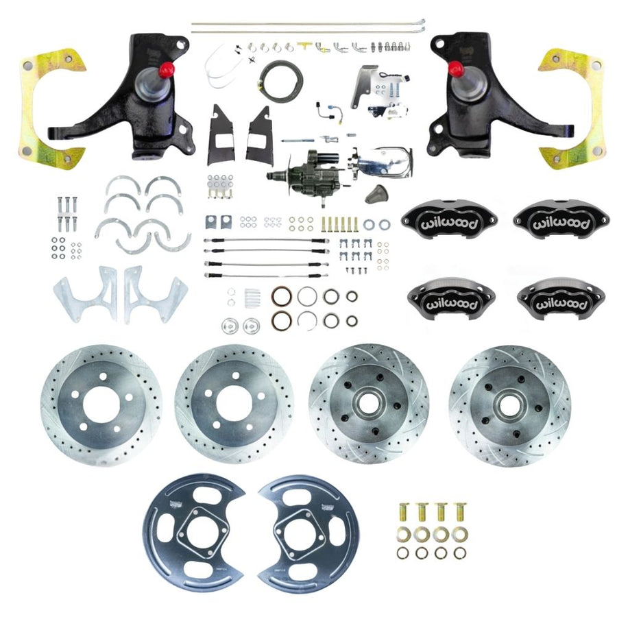 The Right Stuff 1973-87 GM C10/C15 Truck/Sub 2WD 2" Drop Performance Series Hydraulic Brake Assist 4-Wheel Disc Brake Kit, Black Wilwood Calipers, Drilled and Slotted Rotors, Stainless Hoses, Chrome Upper Assembly - (THB7355DBXP)