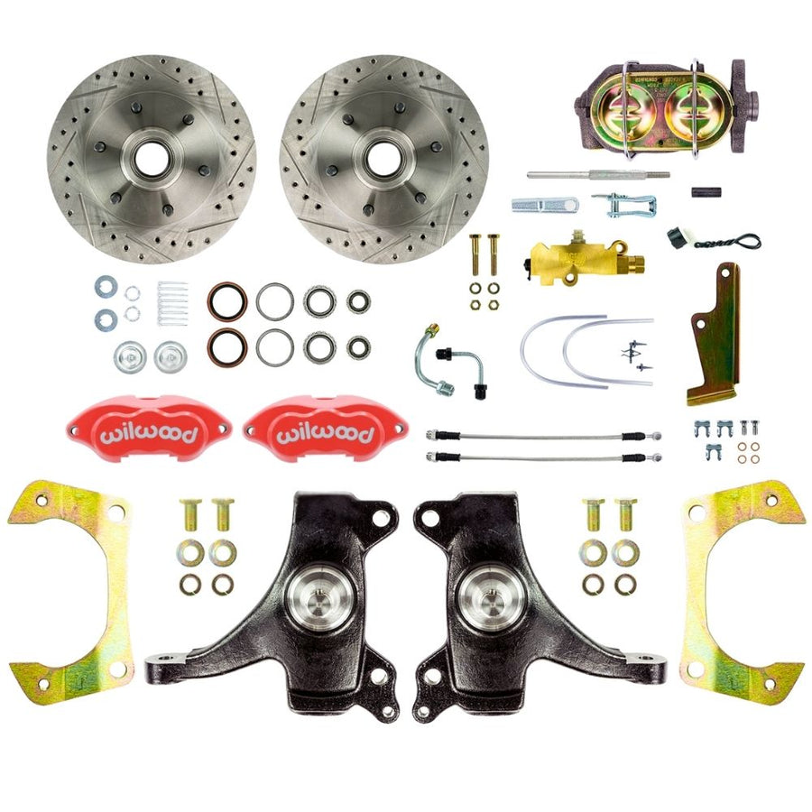 The Right Stuff 1963-70 Chevy/GMC Truck/Suburban, 2" Drop Manual Front Disc Brake Kit with Red Wilwood Calipers, Drilled and Slotted Rotors, and Braided Stainless Hoses, 6 Lug - (TSD6316DZP)
