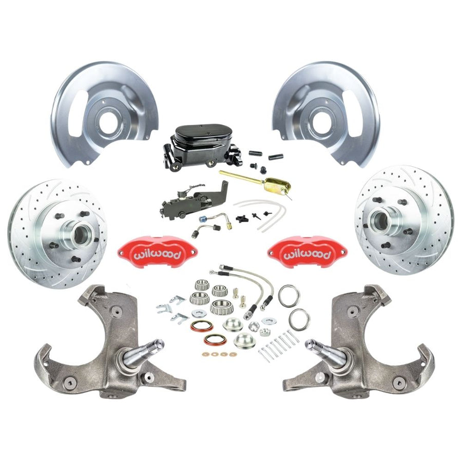 The Right Stuff 1963-70 Chevy/GMC Truck/Suburban, Manual Front Disc Brake Kit with Red Wilwood Calipers, Drilled and Slotted Rotors, Braided Stainless Hoses, and Black Booster Master Assembly, 5 Lug - (TSD6315ZYP)
