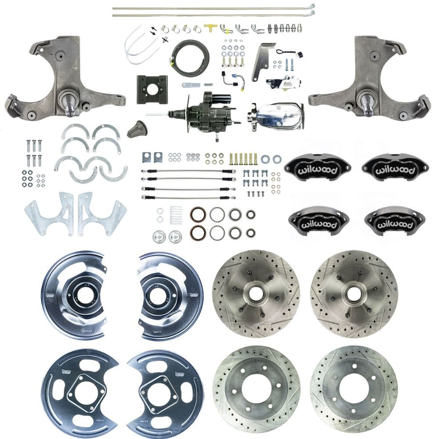 The Right Stuff 1963-66 GM/Chevy C10/C15 Truck/Sub 2WD, Performance Series Hydraulic Brake Assist 4-Wheel Disc Kit, Black Wilwood Calipers, Drilled and Slotted Rotors, Stainless Hoses, Chrome Upper Assembly - (THB6356BXP)