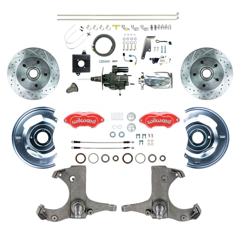 The Right Stuff 1960-62 Chevy/GMC Hydraulic Brake Assisted Performance Series, Front Disc Brake Conversion Kit, Red Wilwood Calipers, Drilled and Slotted Rotors, Stainless Hoses, and Chrome Upper Assembly - (THB6015ZXP)