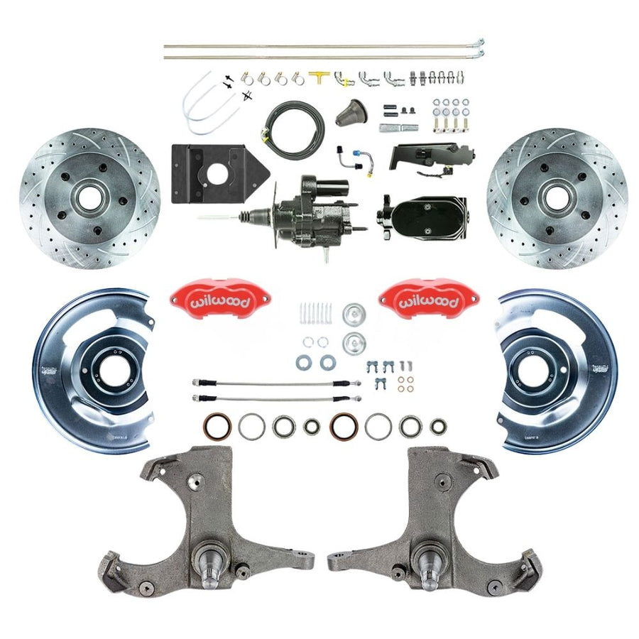 The Right Stuff 1960-62 Chevy/GMC Truck/Suburban, Performance Series Hydraulic Brake Assist Front Disc Brake Kit, Red Wilwood Calipers, Drilled and Slotted Rotors, Stainless Hoses, and Black Upper Assembly - (THB6015ZYP)