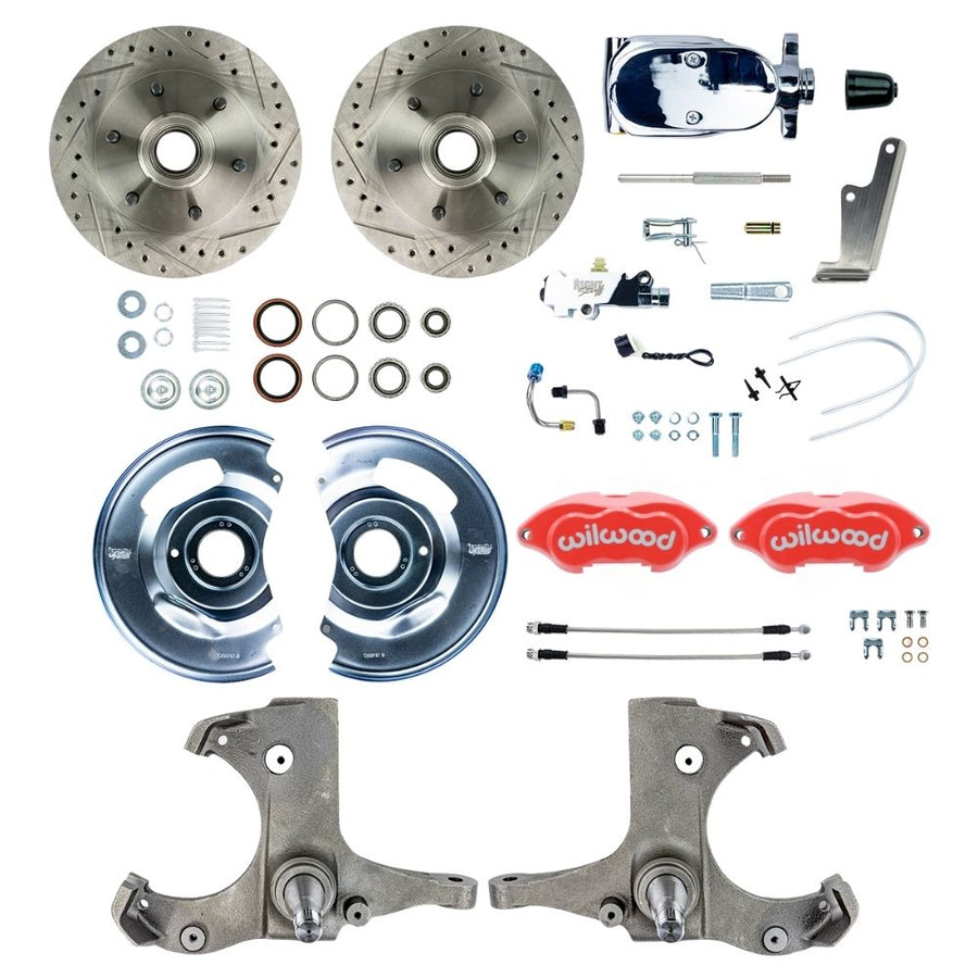 The Right Stuff 1963-70 Chevy/GMC Truck/Suburban, Manual Front Disc Brake Kit with Red Wilwood Calipers, Drilled and Slotted Rotors, Braided Stainless Hoses, and Chrome Booster Master Assembly, 6 Lug - (TSD6316ZXP)