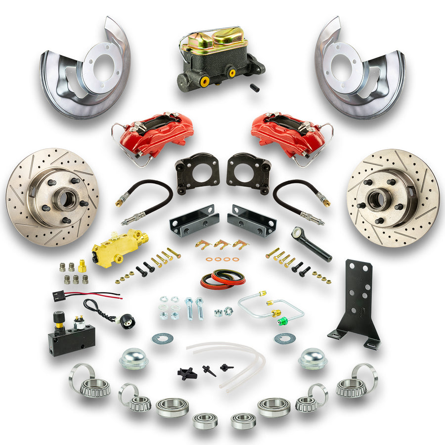 The Right Stuff 1964-66 Ford Manual Front Disc Conversion Kit, Drilled and Slotted Rotors, Red Powder Coated Calipers - (ZSD6405Z)