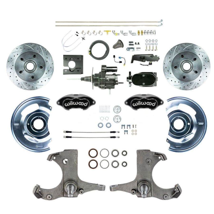 The Right Stuff 1967-70 GM C10/C15 Truck/Suburban w/2WD Hydraulic Brake Assist Front Disc Brakes, Black Wilwood Calipers, Drilled and Slotted Rotors, Braided Stainless Hoses, and Black Upper Assembly 5x5 - (THB6725BYP)