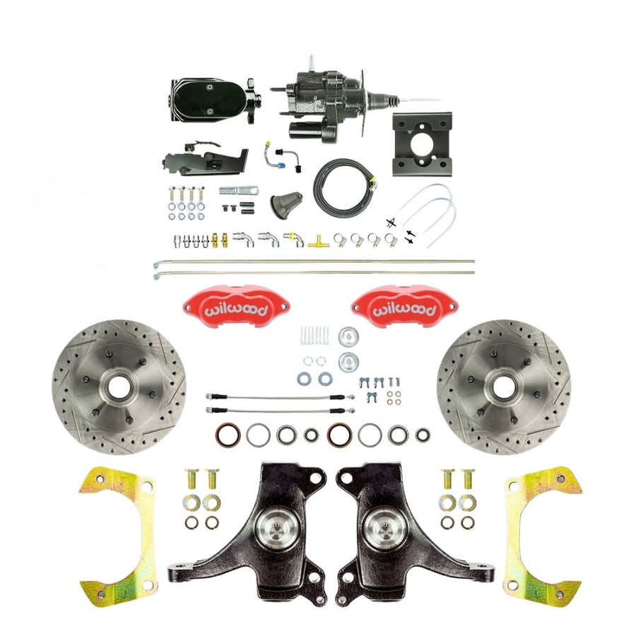 The Right Stuff 1963-66 GM Truck/Sub, Performance Series 2" Drop Black Hydraulic Brake Assist Front Disc Brakes with Red Wilwood Calipers, Drilled and Slotted Rotors, Stainless Hoses and Black Upper Assembly - (THB6326DZYP)