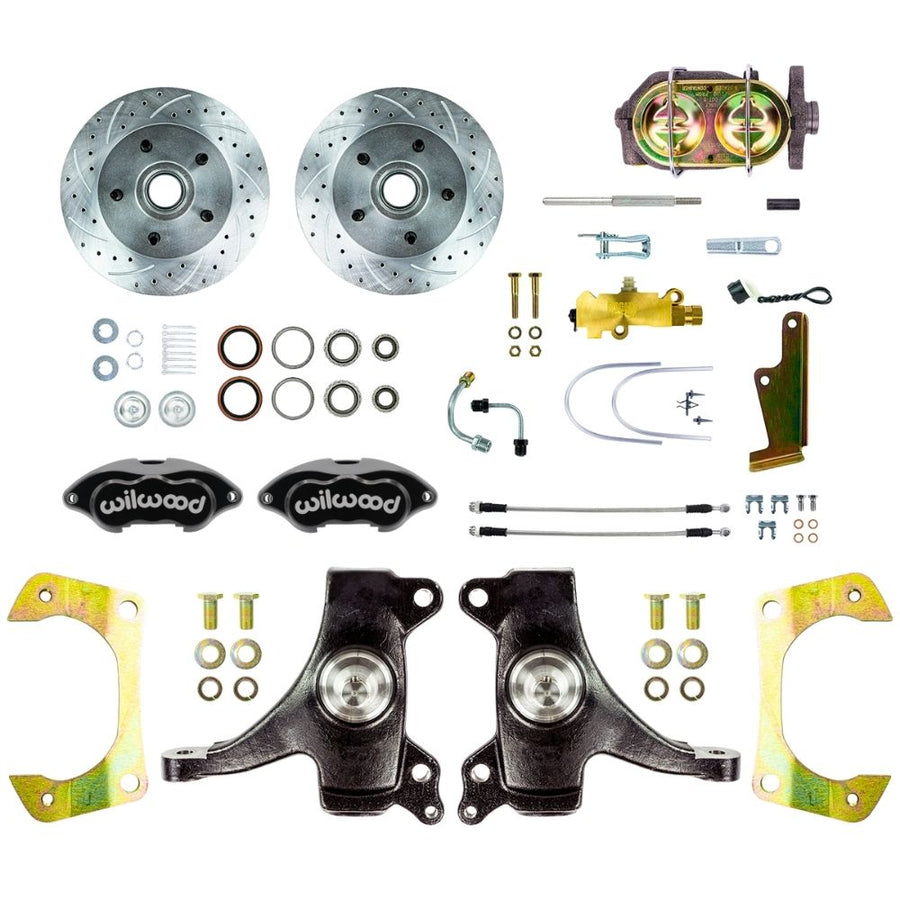 The Right Stuff 1963-70 Chevy/GMC Truck/Suburban, 2" Drop Manual Front Disc Brake Kit with Black Wilwood Calipers, Drilled and Slotted Rotors, and Braided Stainless Hoses, 5 Lug - (TSD6315DBP)