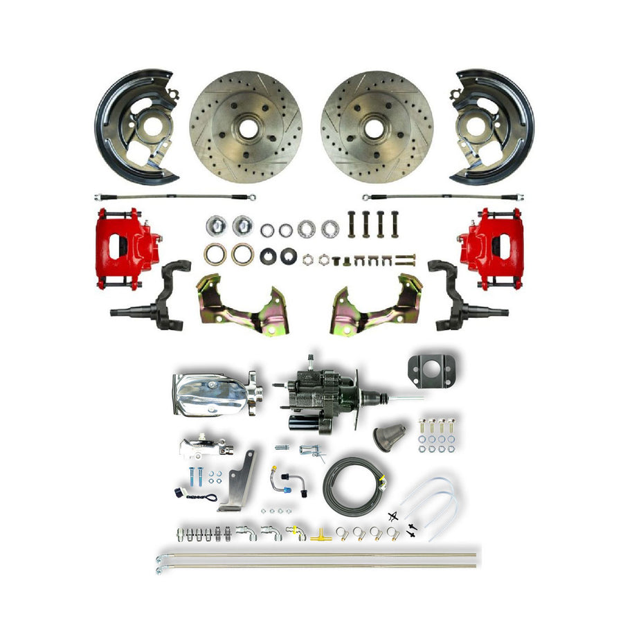 The Right Stuff 67-74 GM F/X-Body, Chrome Hydraulic Brake Assist, 2" Drop Front Disc Brake Kit Red Calipers - (AFXHB02CZX)