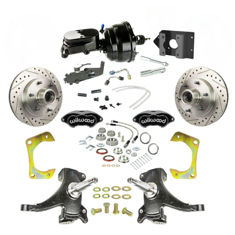 The Right Stuff 1960-62 Chevy/GMC Truck/Sub 2" Drop, Performance Series Power Front Disc Kit Black Wilwood Calipers, Drilled and Slotted Rotors, Braided Stainless Hoses, and Black Booster Master Assembly 6x5.5 - (TDC6016DBYP)