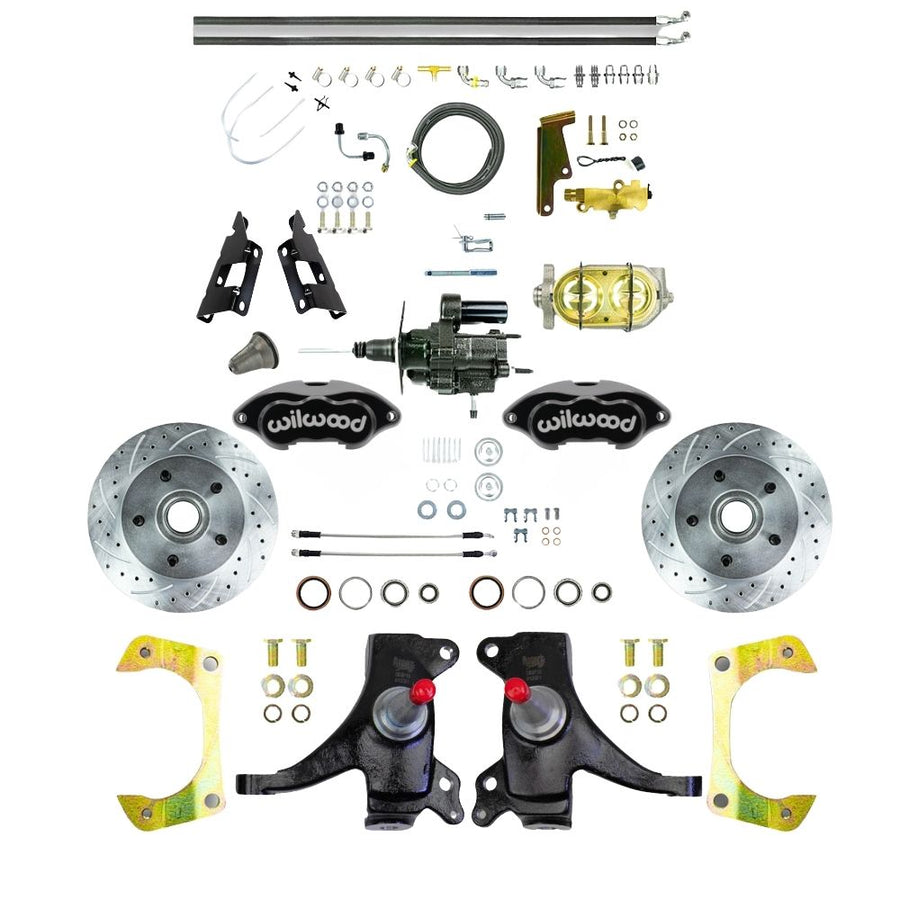 The Right Stuff 1973-87 GM C10/C15 Truck/Suburban, 2WD, 2" Drop Performance Series Power Hydraulic Brake Assist Disc Kit, with Black Wilwood Calipers, Drilled and Slotted Rotors, and Braided Stainless Hoses - (THB7325DBP)