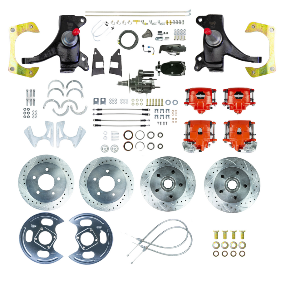 The Right Stuff 73-87 C10/C15 Truck/Sub 2" Drop Black Hydraulic Brake Assist 4-Wheel Disc Kit Red Calipers - (THB7355DZY)