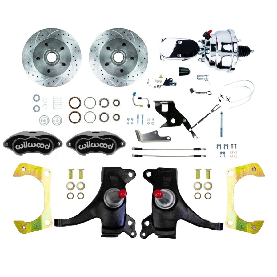 The Right Stuff 1971-72 GM C10/15 Truck/Suburban, 2" Drop Performance Series Power Front Disc Brake Kit with Black Wilwood Calipers, Drilled and Slotted Rotors, Stainless Hoses, and Chrome Booster Master Assembly - (TDC7125DBXP)