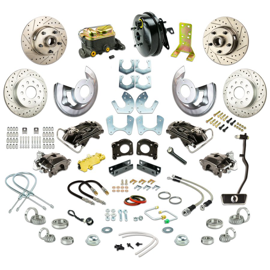 The Right Stuff 1967-69 Ford Power 4 Wheel Disc Conv Kit, with Small Ford 9" or 8" Rear End, Drilled/Slotted Rotors, Black Calipers - (ZDC6758S)