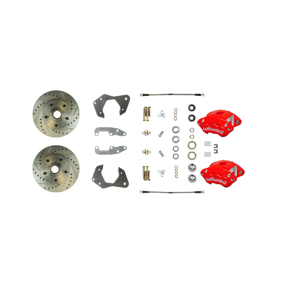 The Right Stuff 1965-68 Chevrolet Impala/Bel Air, Performance Series At-the-Wheel Disc Brake Conversion Kit, and Red Wilwood Calipers, Drilled and Slotted Rotors, and Braided Stainless Hoses - (FSC66WKCZ)