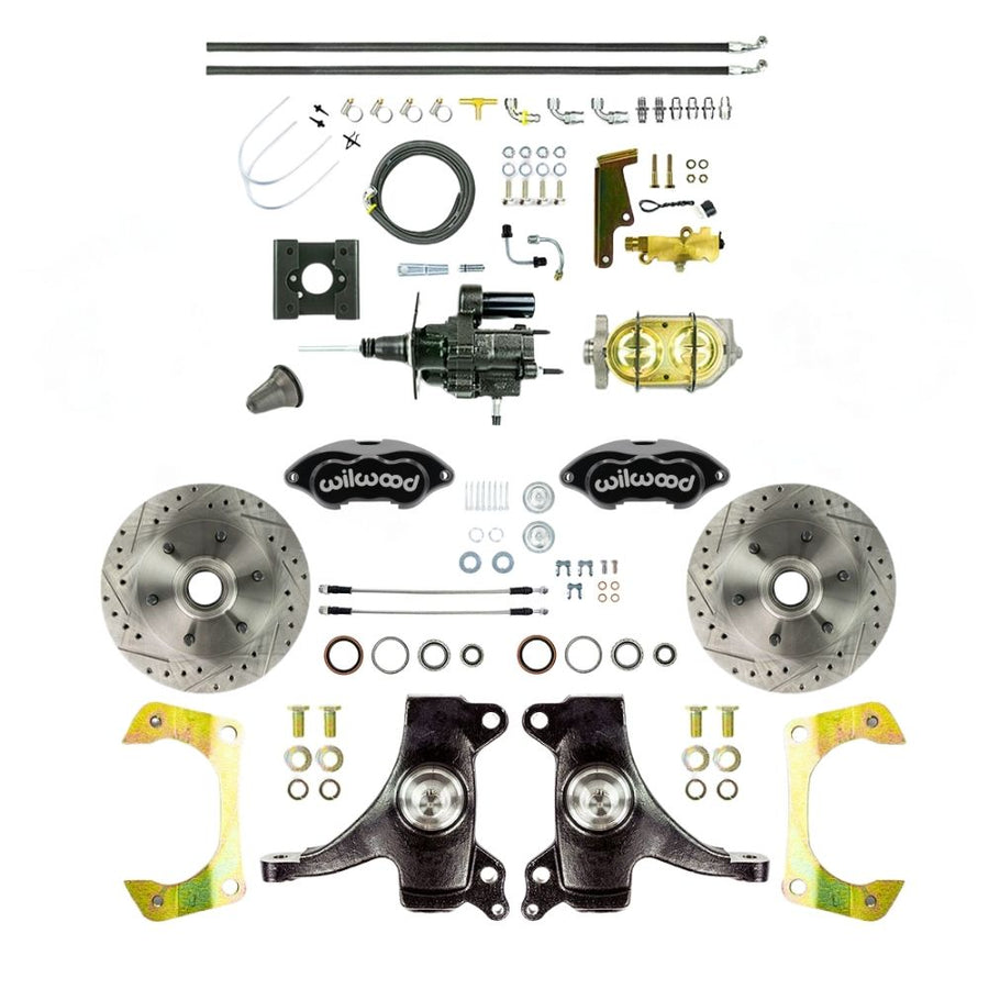 The Right Stuff 1963-66 Chevy/GMC Truck Performance Series, 2" Drop, Hydro Boost Disc Brake Conversion, Black Wilwood Calipers, Drilled and Slotted Rotors, and Braided Stainless Hoses - (THB6326DBP)