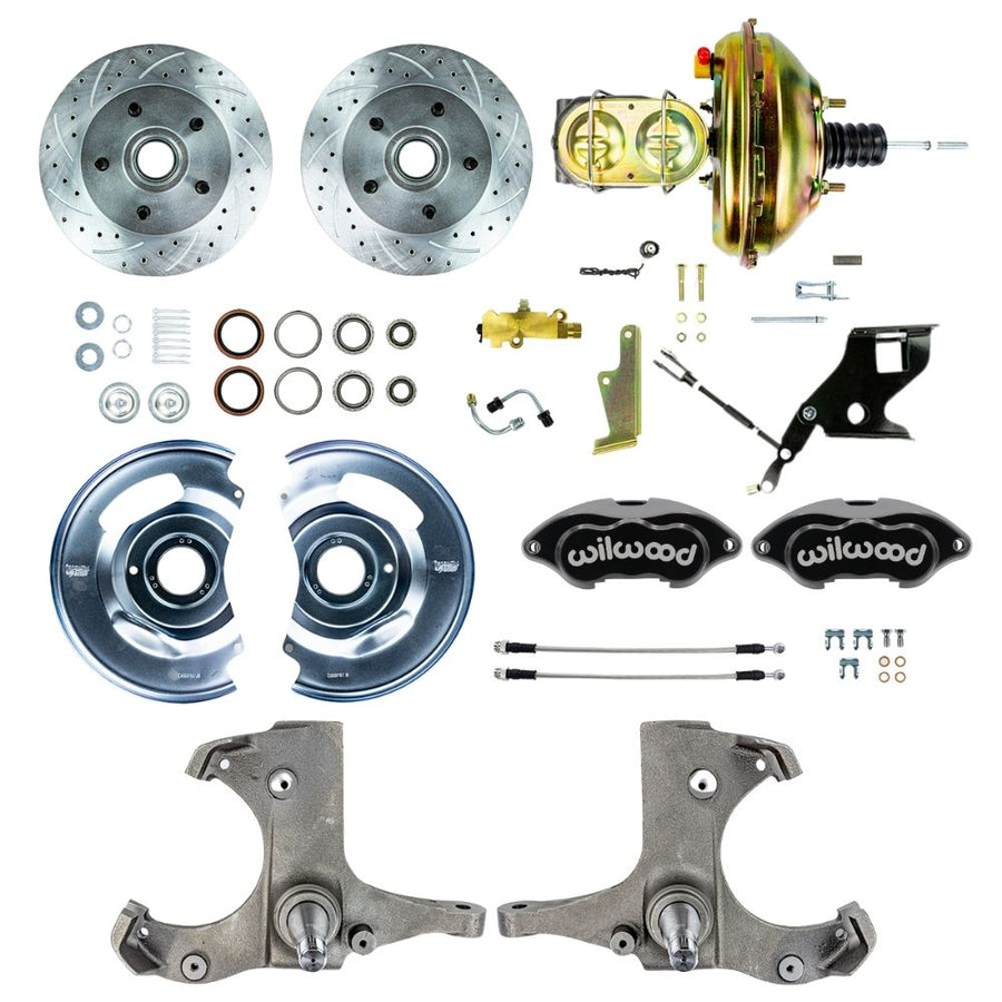 The Right Stuff 1967-70 Chevy C10/15 Truck/Suburban, Power Front Performance Series Disc Brake Kit with Black Wilwood Calipers, Drilled and Slotted Rotors, and Braided Stainless Hoses 5x5 Bolt Pattern - (TDC6725BP)