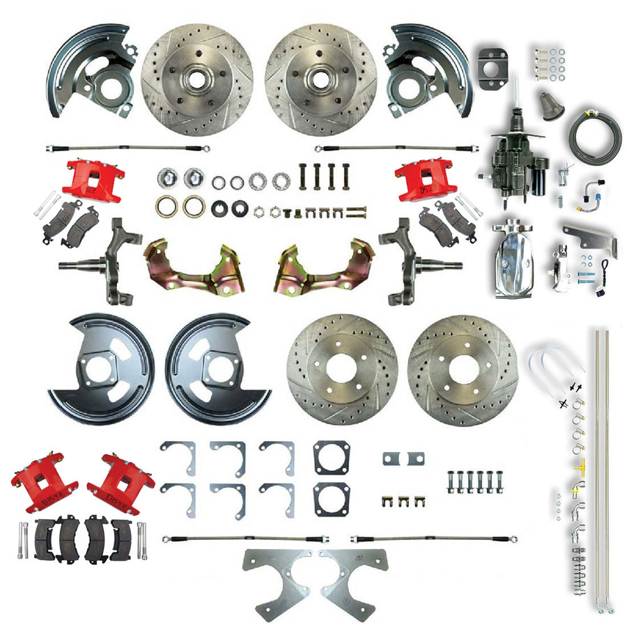 The Right Stuff 67-69 GM F-Body Non-Stag 4 Wheel Chrome Hydraulic Brake Assist 2 Drop Disc Conv Red Caliper - (AFXHB22DZX)