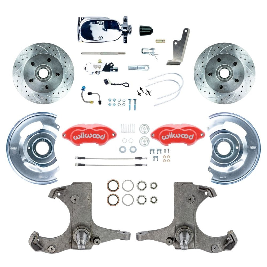 The Right Stuff 1960-62 Chevy/GMC Performance Series, Standard Front Disc Brake Conversion Kit, Red Wilwood Calipers, Drilled and Slotted Rotors, Braided Stainless Hoses, and Chrome Booster Master Assembly - (TSD6015ZXP)