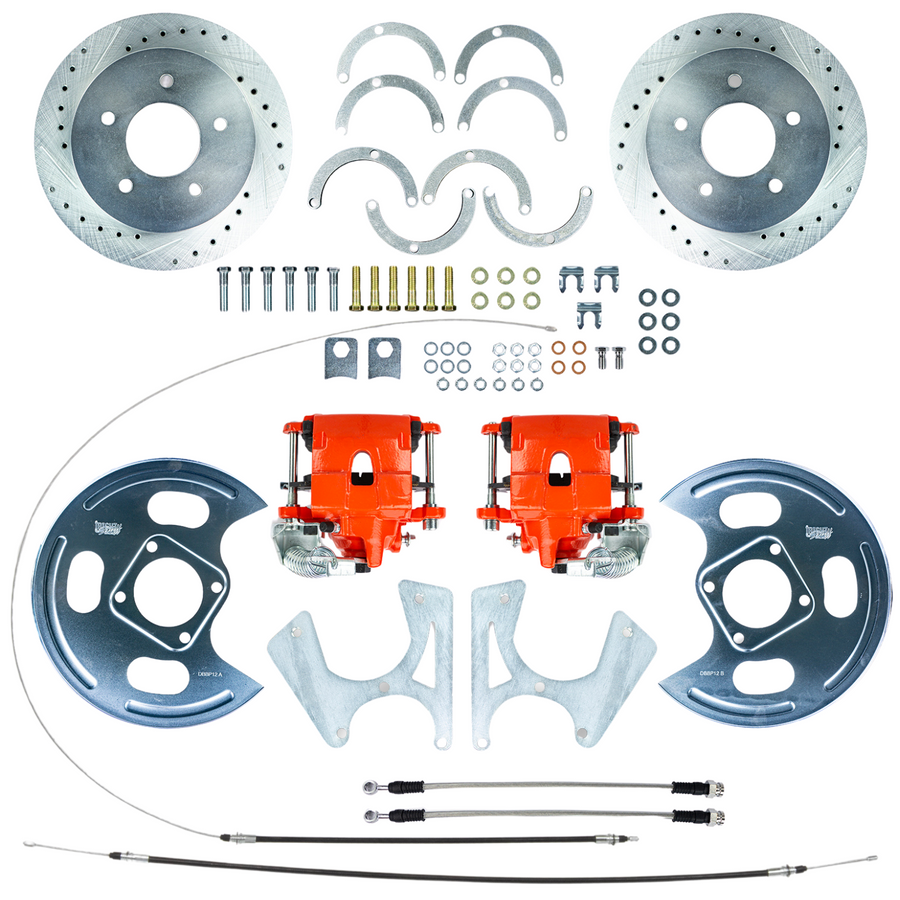 The Right Stuff 1963-1972 Chevy/GMC Truck Rear Disc Brake Conversion Kit, with Red Calipers, Drilled and Slotted Rotors, Backing Plates and E-brake Cables, 5 Lug - (TRD4745Z)