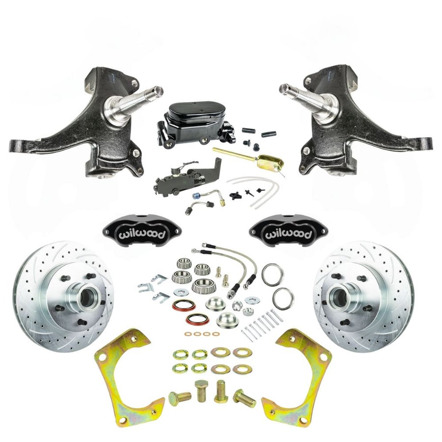 The Right Stuff 1960-62 GM Truck & Suburban, 2" Drop Performance Series, Standard Front Disc Kit Black Wilwood Calipers, Drilled and Slotted Rotors, Braided Stainless Hoses, and Black Booster Master Assembly - (TSD6015DBYP)