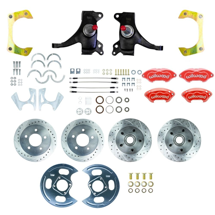 The Right Stuff 1971-72 GM C10/C15 Truck/Suburban 2" Drop Performance Series 4-Wheel At-the-Wheel Disc Kit with Red Wilwood Calipers, Drilled and Slotted Rotors, and Braided Stainless Hoses - (TWK7155DZP)