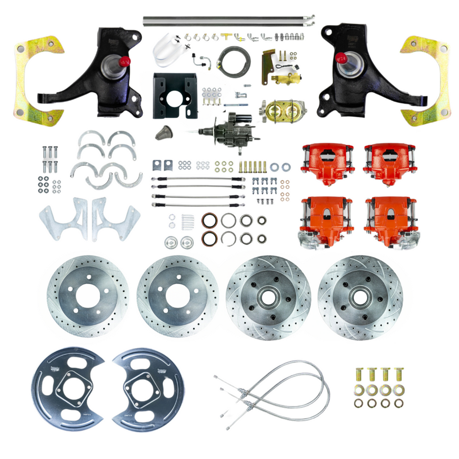 The Right Stuff 71-72 C10/C15 Truck/Sub 2" Drop Hydraulic Brake Assist 4-Wheel Disc Brake Kit Red Calipers - (THB7155DZ)