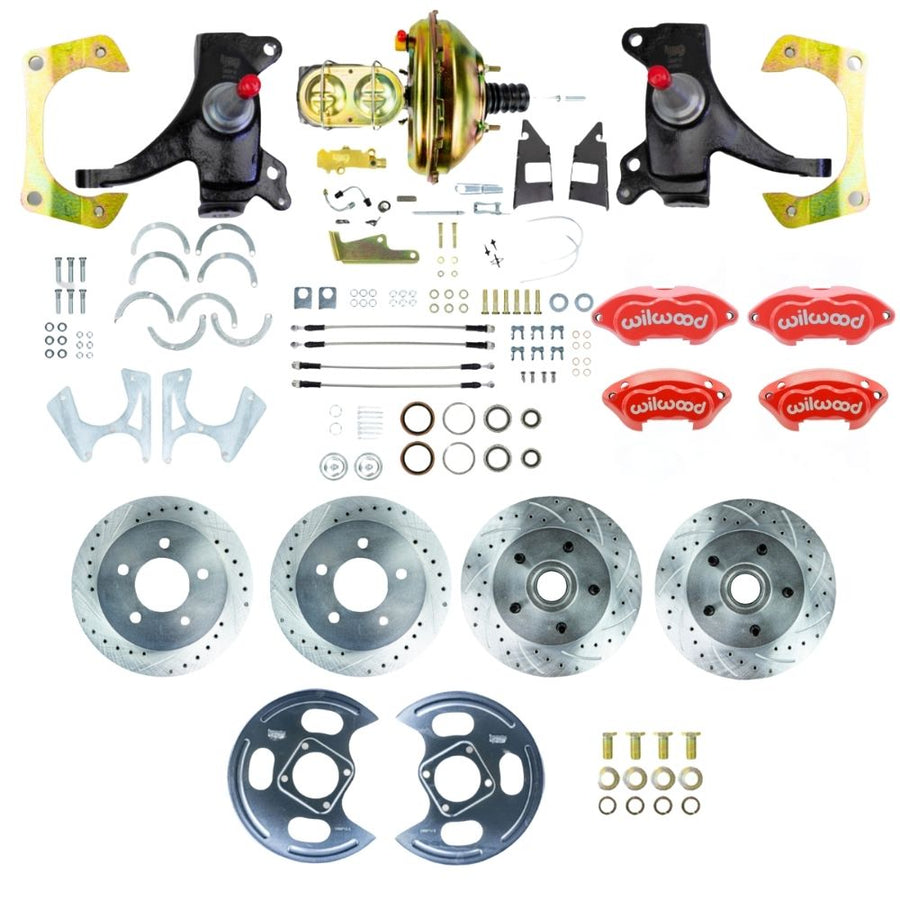 The Right Stuff 1973-87 GM C10/C15 Truck/Suburban 2WD 2" Drop Performance Series Power 4-Wheel Disc Brake Kit with Red Wilwood Calipers, Drilled and Slotted Rotors, and Braided Stainless Hoses - (TDC7355DZP)
