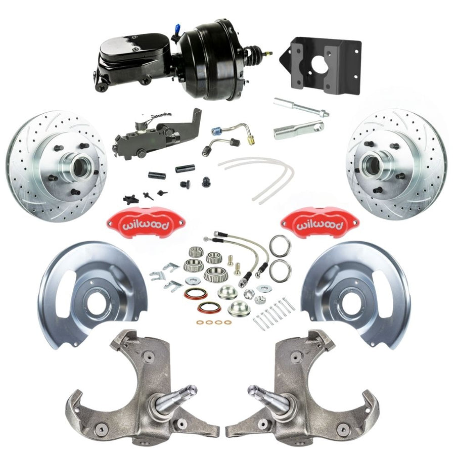 The Right Stuff 1963-66 Chevy/GMC Truck/Suburban, Performance Series Power Front Disc Brake Kit with Red Wilwood Calipers, Drilled and Slotted Rotors, Braided Stainless Hoses, and Black Booster Master Assembly 5x5 - (TDC6325ZYP)
