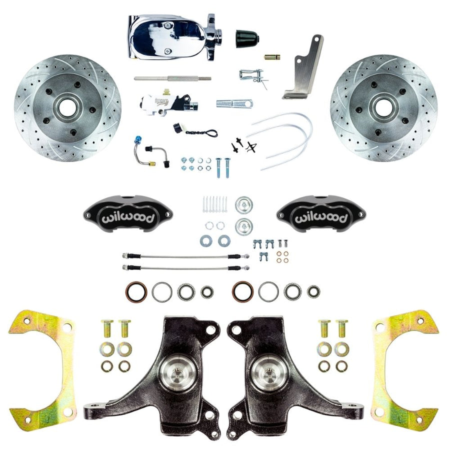 The Right Stuff 1960-62 GM Truck & Suburban, 2" Drop Performance Series, Standard Front Disc Kit Black Wilwood Calipers, Drilled and Slotted Rotors, Braided Stainless Hoses, and Chrome Booster Master Assembly - (TSD6015DBXP)