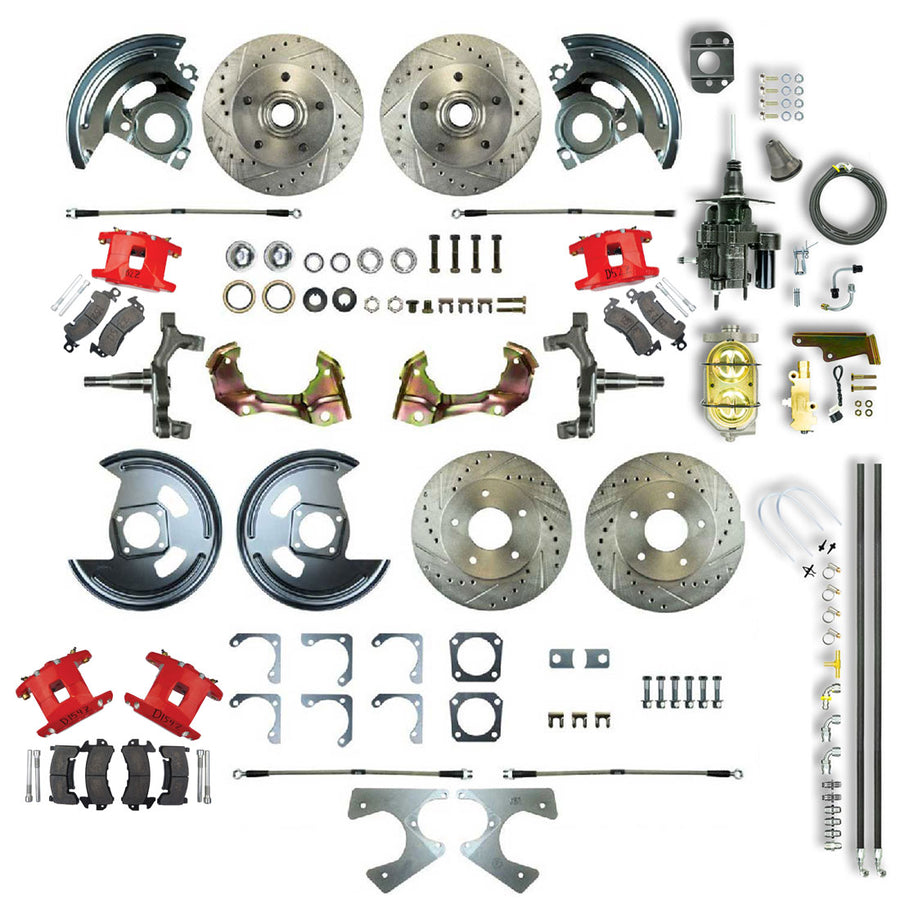 The Right Stuff 67-69 GM F-Body Non-Staggered 4 Wheel Hydraulic Brake Assist 2" Drop Disc Conv Red Calipers - (AFXHB22DZ)