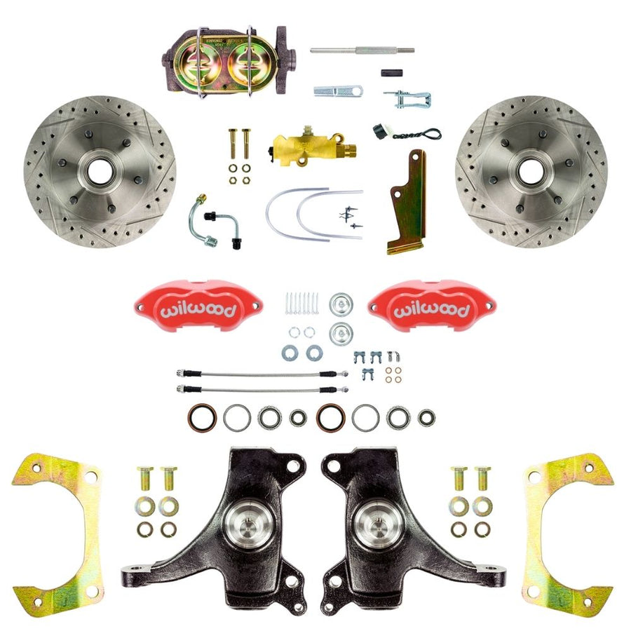 The Right Stuff 1960-62 Chevy/GMC Truck/Suburban Performance Series 2" Drop, Standard Front Disc Brake Conversion Kit, Red Wilwood Calipers, Drilled and Slotted Rotors, and Braided Stainless Hoses - (TSD6016DZP)