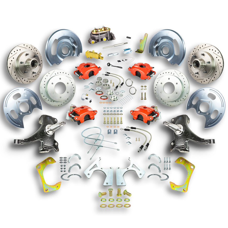 The Right Stuff 63-70 GM Truck & Suburban, 2" Drop, Manual 4-Wheel Disc Brake Kit Red Calipers - (TSD6346DZ)